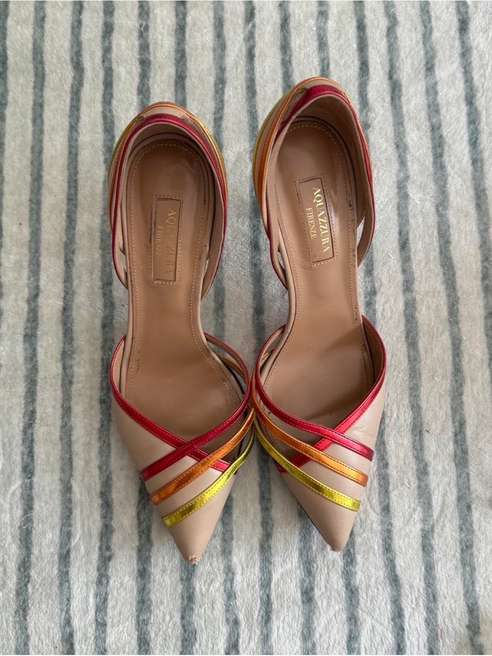 Aquazzura Pink D'Orsay Pointed-Toe Flats with Multicolor Metallic Straps